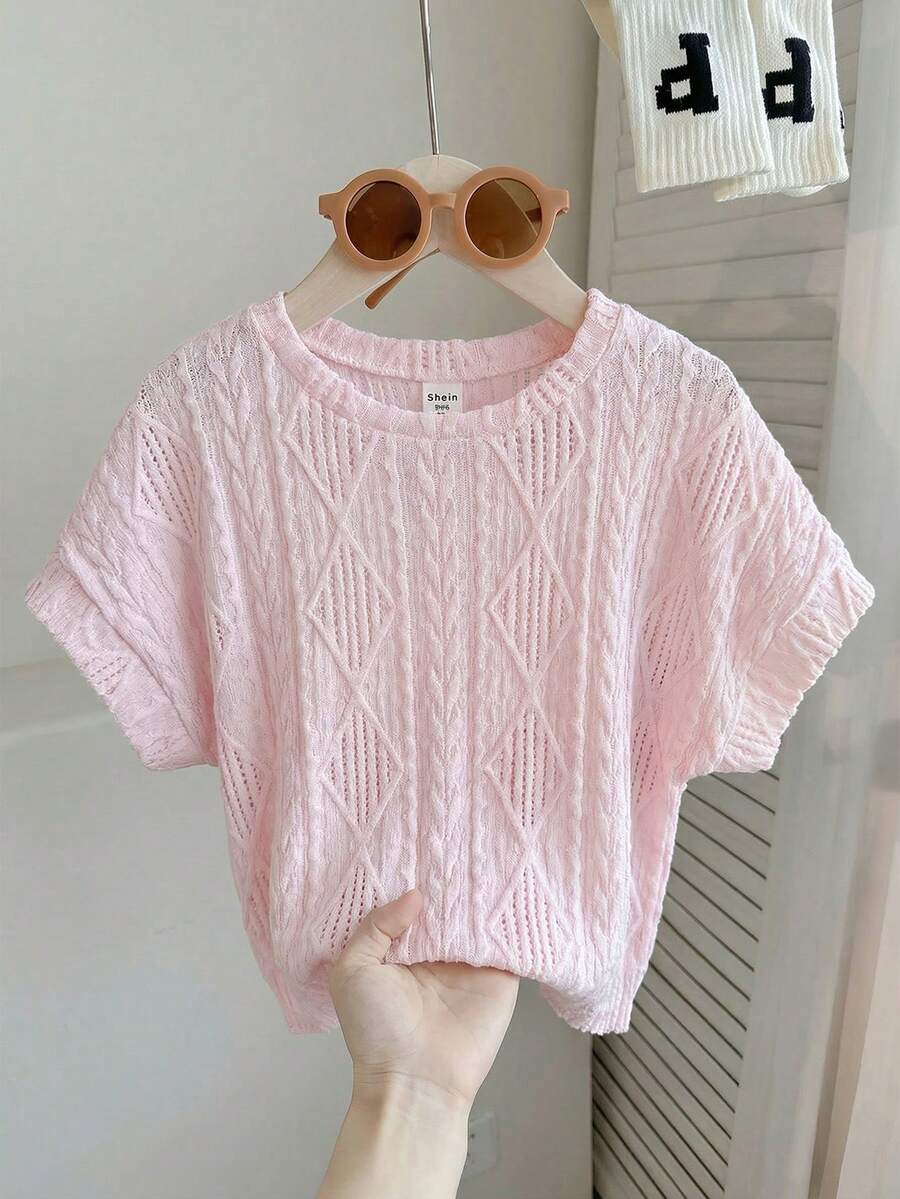 SHEIN Áo thun tay ngắn raglan cổ tròn, chất liệu vải dệt, dáng rộng, thoải mái dành cho bé gái tuổi teen. - Màu Hồng baby - Xem 1