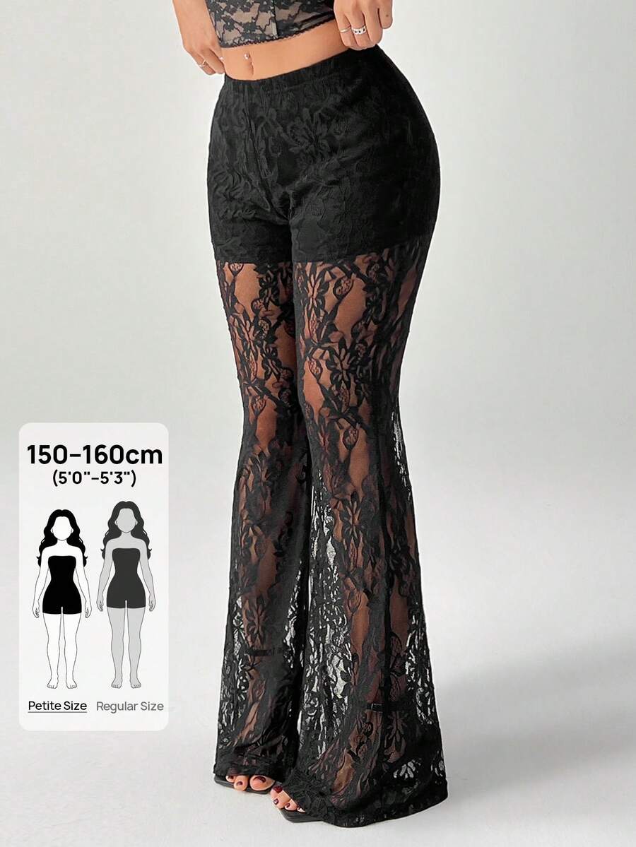 SHEIN PETITE Quần dài đi nghỉ bằng ren xòe cạp cao cho nữ - màu đen - Xem 1
