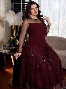 Modelyn Plus Size Women's Fashion Star & Moon Sequin Mesh Hollow Knit Long Sleeve Round Neck Flared Skirt 2-Piece Set - Burgundy - View 3