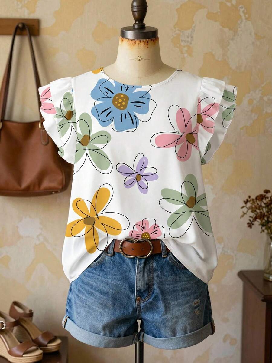 EMERY ROSE Casual Romantic Floral Print Plus Size Women Shirt, Suitable For Summer, Vacation - Multicolor - View 1