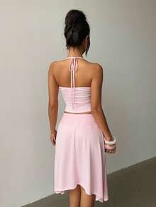 Aloruh 女士夏季沙滩度假撞色蕾丝露脐系带背心和迷你裙套装 - 粉色 - 查看 2