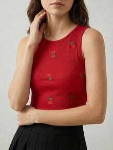 Set Of 3 Short Tops Sleeveless Cute Withs - Red - View 3