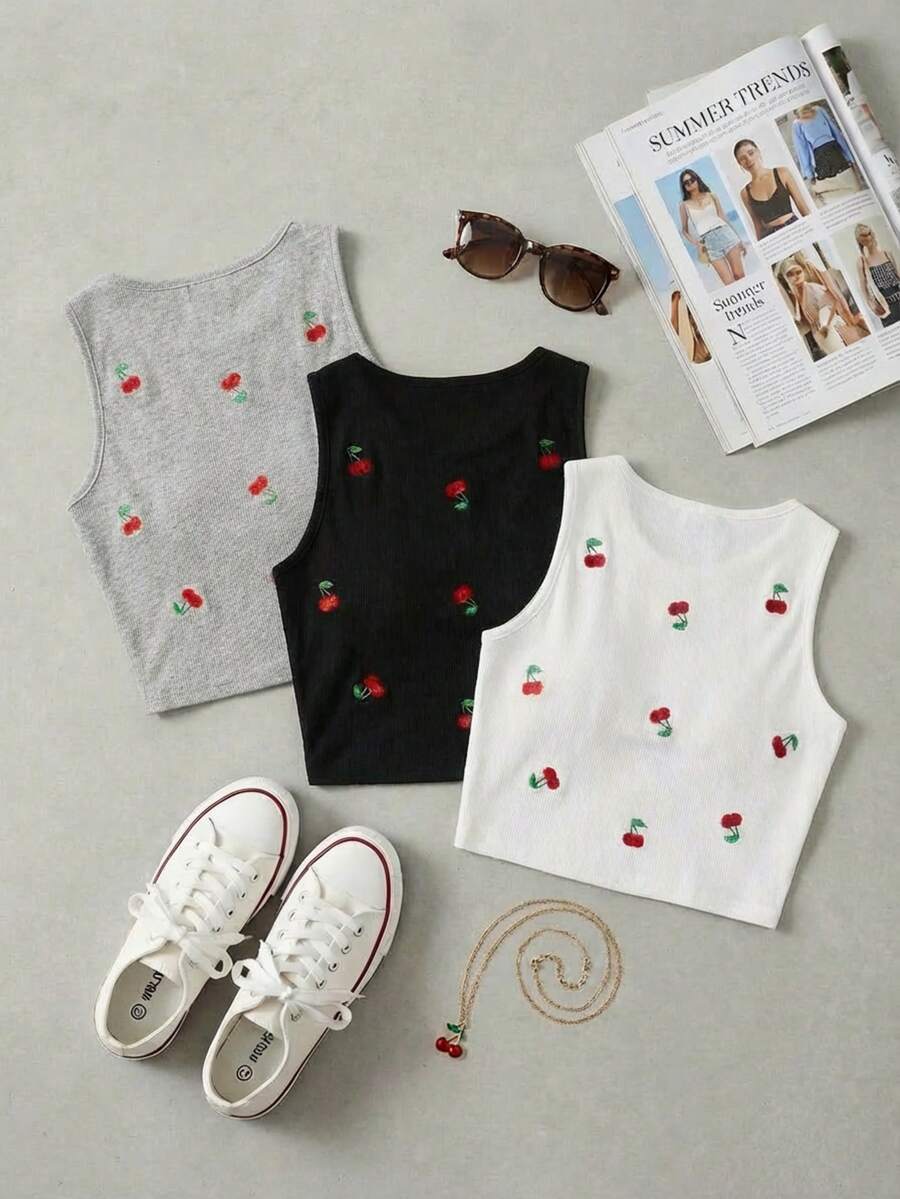 Set Of 3 Short Tops Sleeveless Cute Withs - Grey - View 1