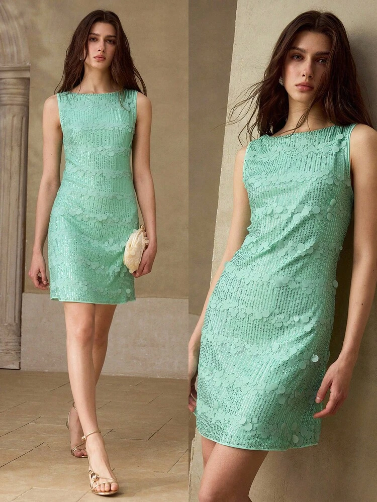 HEAVY CONTRAST SEQUIN GREEN DRESS