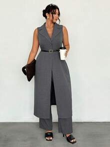 Firerie Plus Size Women Long Sleeveless Blazer Suit In Spring/Summer Formal Suit Sets For Elegant Women Fall/Winter - Dark Grey - View 6