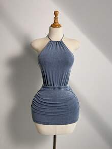 Elamini Women's Sexy Backless Halter Mini Denim Dress For Summer - Blue - View 1