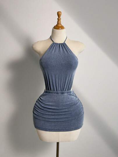 Elamini Women's Sexy Backless Halter Mini Denim Dress For Summer