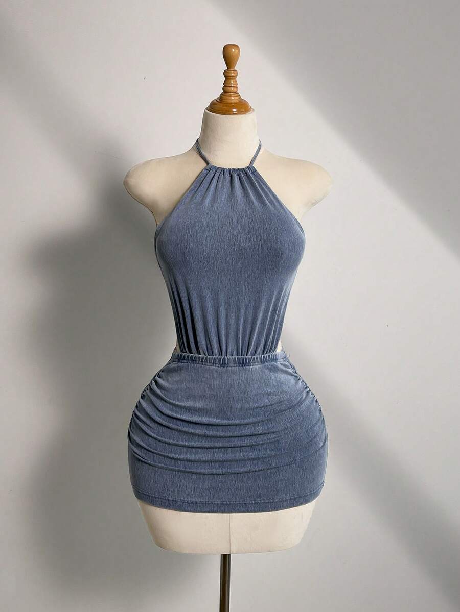 Elamini Women's Sexy Backless Halter Mini Denim Dress For Summer - Blue - View 1