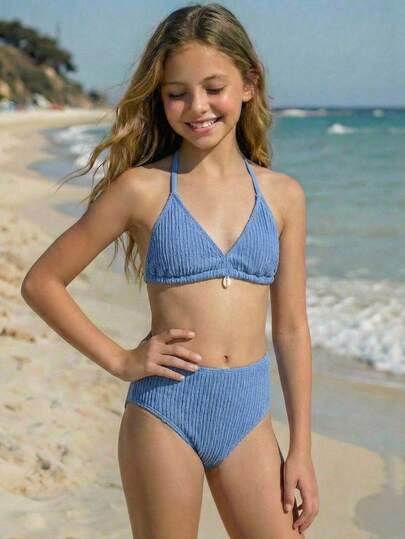 SHEIN Tween Girls' Solid Blue Knit Textured Shell Decor, Summer Beach Whip Backless Camisole Triangle Bikini Set, Beach Swimwear Summer