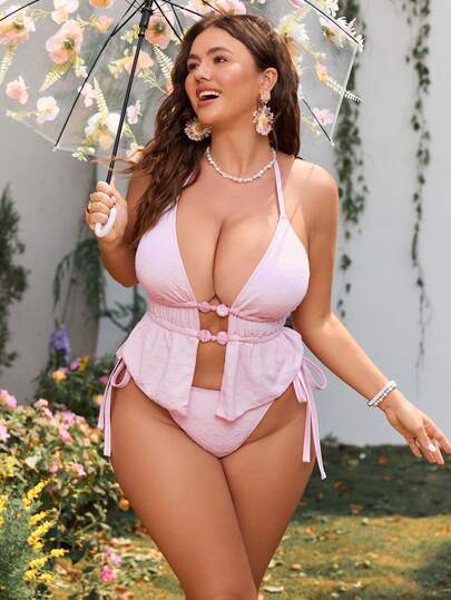 Swim Mod 女士粉色挂脖系带泳衣套装，随机甜美海滩度假加大码，春夏款