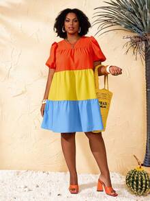 BrightlyHer Robe courte casual à manches bouffantes et blocs de couleurs pour femmes grandes tailles, printemps - Multicolore - Voir 1