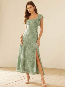 Aveloria Rosie 优雅方领露背系带短袖箔印开衩连衣裙，显瘦又时尚 - 綠色 - 查看 1