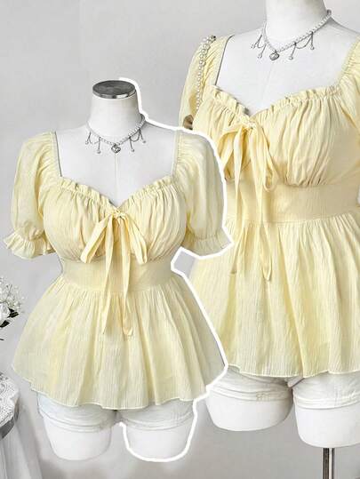 Sweetra Áo kiểu Pháp thanh lịch, dễ thương, ngọt ngào, phong cách công chúa, chất liệu vải dệt họa tiết, nơ trang trí, tay áo cánh hoa, ôm eo, thích hợp cho kỳ nghỉ hè.