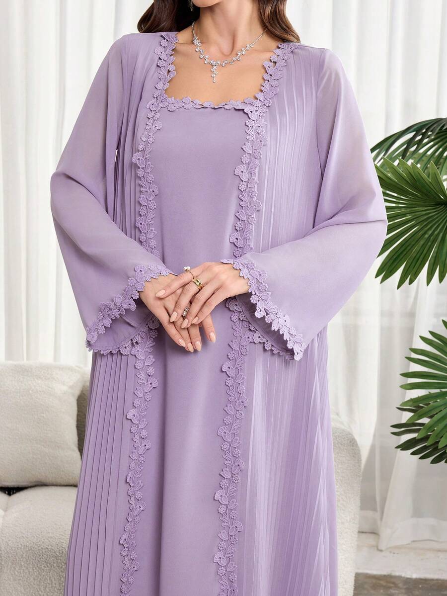 Al Najma Đầm Ả Rập dáng rộng thanh lịch dành cho nữ, chất liệu ren tan trong nước, kiểu dáng chắp vá, thích hợp cho mùa xuân/thu. - Màu Lilac Tím - Xem 1
