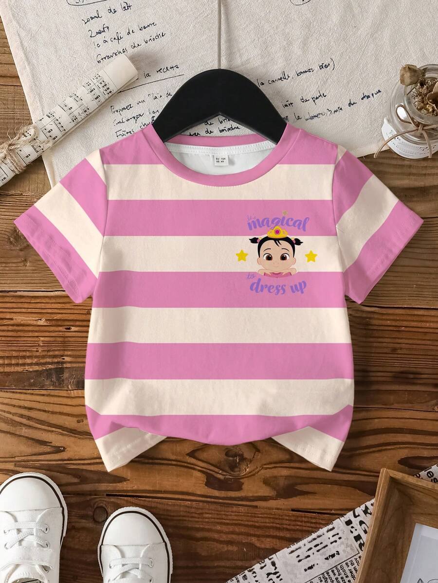 CoComelon X SHEIN 女童休闲卡通条纹圆领短袖T恤，夏季 - 白色 - 查看 1