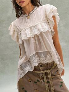 SHEIN BohoFeels Blusa de mujer de estilo bohemio francés romántico para vacaciones de verano, con bordados, volantes y encaje, de estilo libre y casual. Estilo de vestir libre y relajado, disfraz de mujer para carnaval, playa, vacaciones de verano - Albaricoque - Ver 2