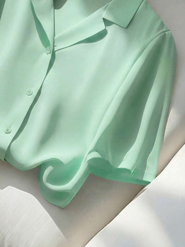 Franclia Casual Versatile Solid Color Collared Short Sleeve Shirt For Women, Summer Business Casual Women Tops Elegant Shirts For Women Blouses Classic Blouses For Women,Summer Women's Tops, Women's Summer Wear Tops, Women's Casual Outdoor Wear Tops, Women's Elegant Tops, Women's Vacation Beach Wear Tops. - Mint Green - View 3