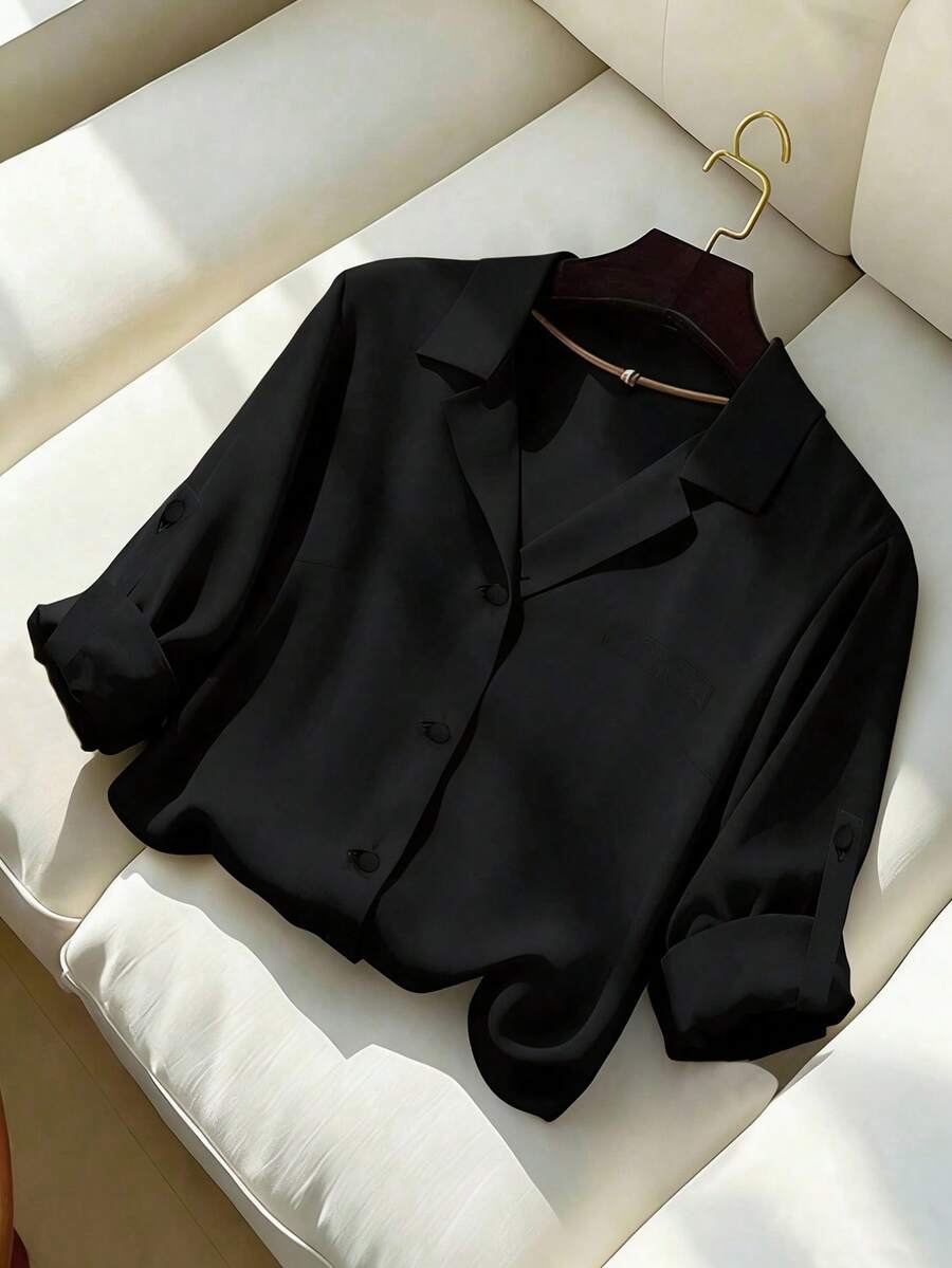 GlowEve CURVE 大码女式纯色单排扣休闲百搭通勤衬衫,优雅高贵,经典女式衬衫,黑色纽扣衬衫 - 黑色 - 查看 1