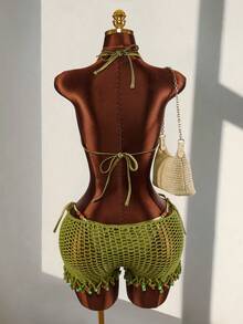 Amplova 女士泳衣套装，偏光闪亮三角系带串珠泳衣，可爱复古Y2K迷你套装，适合海滩度假 - 綠色 - 查看 12