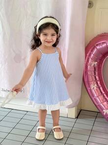 SHEIN LMoss Kids Baby Girl Casual Cute Summer Pink Striped Bow Strap Dress - Blue - View 2