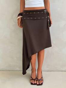 Aloruh Women's Spring/Summer New Solid Brown Y2K Asymmetric Double-Layer Waist Belt Skirt, Suitable For Outings, Music Festivals - Brown - View 6