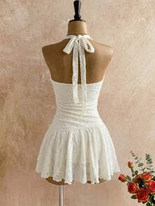 Elamini Damen Frühling/Sommer Lässig modische Alltagskleidung vielseitig einsetzbar Party Strukturstoff Metall Seestern Träger Schleife Mini Kleid, Apricot - Beige - Übersicht 2