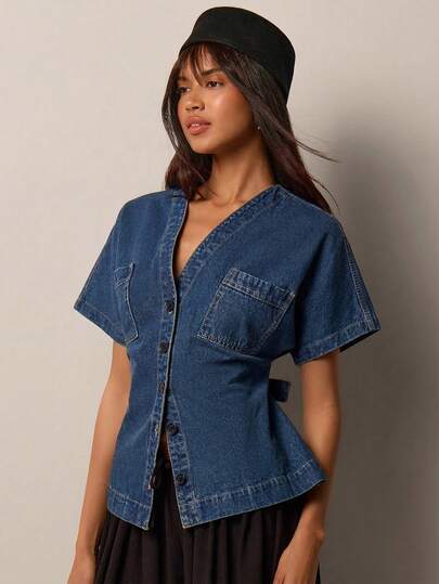 COSMINA Women's Denim Batwing Sleeve Button Pocket Waist Casual Elegant Commute Retro Denim Short Sleeve Top