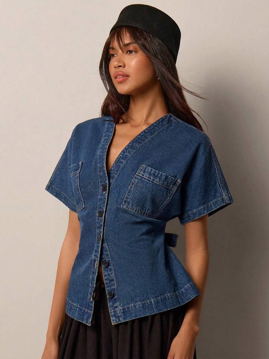 COSMINA Áo denim nữ tay cánh dơi, cài cúc, có túi ở eo, kiểu dáng thanh lịch, phù hợp cho công sở, phong cách retro, tay ngắn. - Màu xanh lam - Xem 1