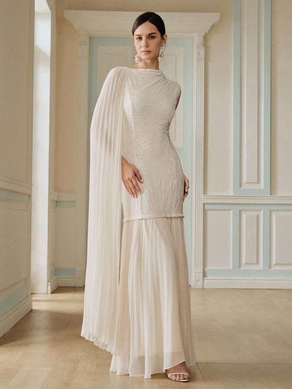 Anewsta Elegant Sexy Asymmetric Collar Chiffon Ruffle Hem Party Graduation College Mother Of The Bride Dinner Golf Dress Autumn For Women Cream White Wedding