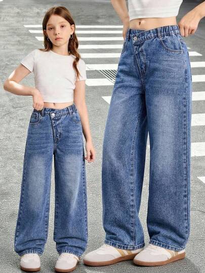 Dziewczęta w wieku 2026, lato, nowy, ciemnoniebieski, vintage, sprany, wysoki stan, asymetryczny, skośny pas, luźne, szerokie nogawki, proste, dżinsowe, długie spodnie, amerykański styl uliczny, awangardowy, festiwal muzyczny, wakacje, codzienne noszenie