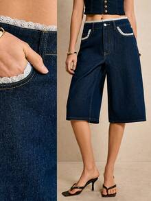 Poéselle 新款女士牛仔中长短裤，高腰直筒宽松版型，百慕大撞色拼接，蕾丝边饰，休闲牛仔短裤，深蓝色牛仔中长短裤，适合夏季春季穿着，度假休闲，适合女性工作场合，女士牛仔七分裤，女士短裤，宽松牛仔短裤，宽松牛仔短裤，女士牛仔短裤，短款牛仔裤，女士工作短裤，适合娇小身材的女士牛仔裤 - 黑色 - 查看 2