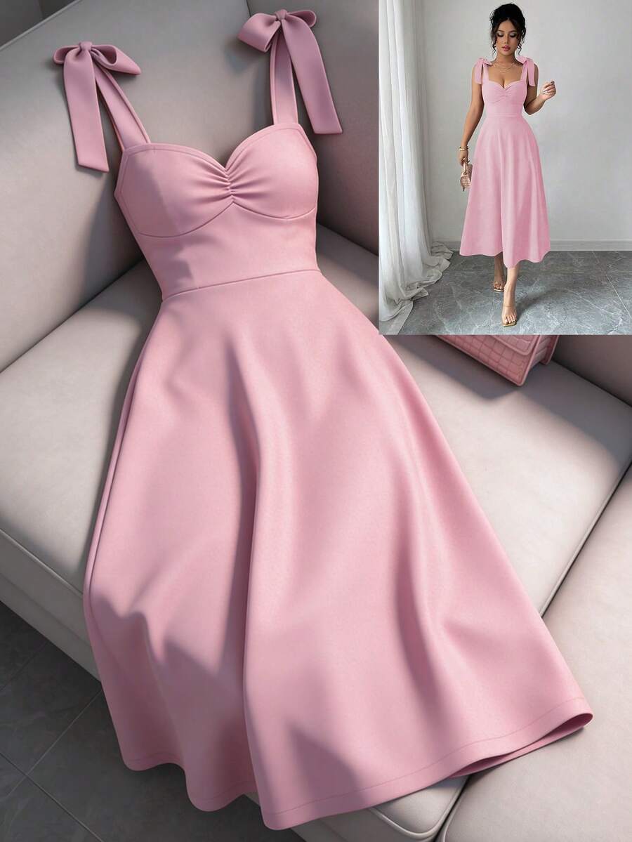 Elenzga 无袖系带收腰A字优雅浪漫连衣裙（女款） - 淺粉色 - 查看 1