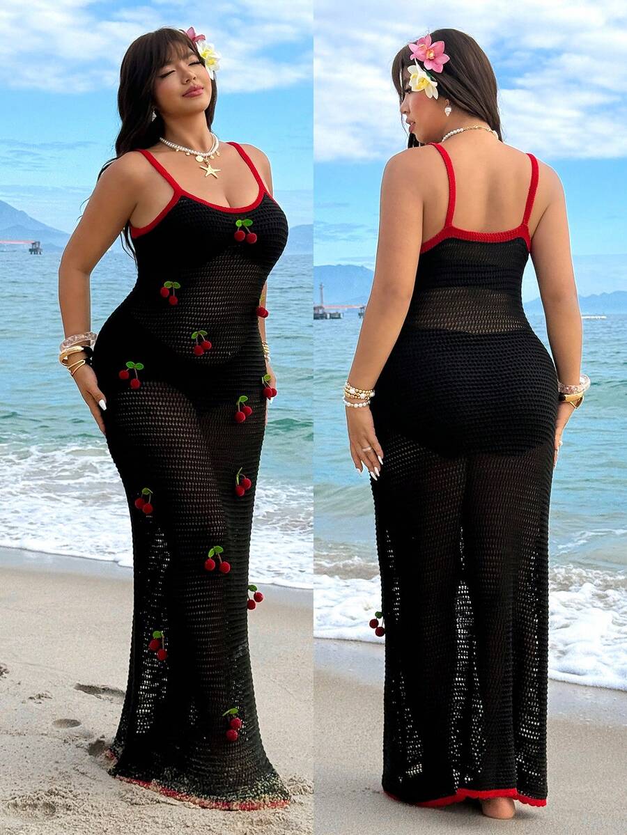 GalTyme 大码度假沙滩镂空3D樱桃装饰针织长裙 - 黑色 - 查看 1