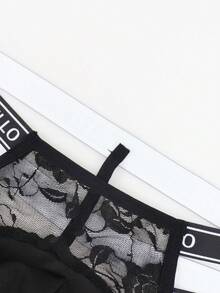 SHEIN DrisQ 男士撞色蕾丝字母吊带镂空设计性感内裤 - 黑色 - 查看 4