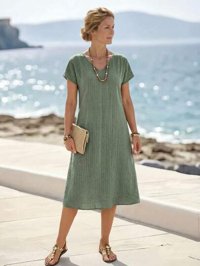 EMERY ROSE Women's Summer Notch V-Neck Striped Floral Print Short-Sleeve Dress Green Summer Dress Women Short Sleeve Summer Dress Casual Midi Dress Women Vacation Dress Summer Casual Dress Vacation Outfits Women  Vacation Outfits Women Vacation Dress Casual Dresses For Women