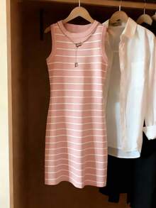 Resyla Gaun Camisole Wanita Model Terbaru Musim Semi/Panas dengan Motif Garis-garis dan Leher Bulat, Pas Badan - MultiWarna - View 3