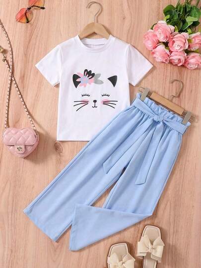 Adorable conjunto de dos piezas para niñas: top de manga corta con un lindo estampado de gato y pantalones palazzo.