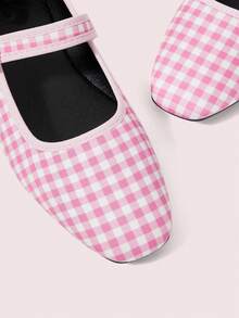 CUCCOO DOLLMOD Ladies Pink And White Plaid Splicing French Retro Square Toe Elegant Word-For-Word Bag Buckle Simple Design Mary Jane Flat Shoes Suitable For All Seasons Holiday Birthday Party Low Vamp Shoes - Pink and white plaid - View 5