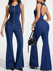 Jeanoix Women's Backless Zipper Design Fitted Denim Flare Jumpsuit, Suitable For Daily Wear - Dark Wash - View 1