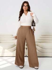 Solflare 2025秋冬新款休闲宽松亚麻质感阔腿裤，适合外出、日常穿着、聚会、通勤、返校、约会、居家、生日派对等多种场合，宽松弹力腰带，大码，米色 - 咖啡棕 - 查看 5