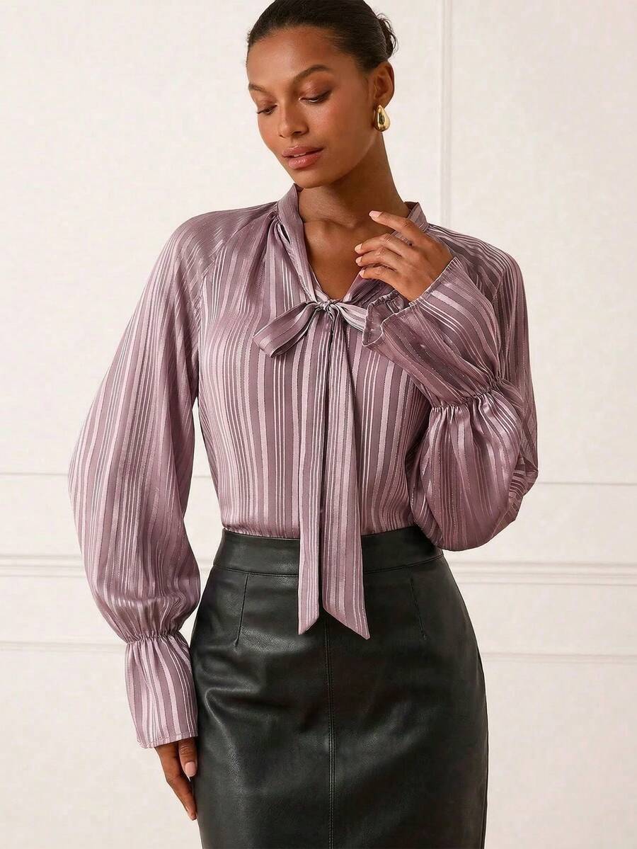 Lilora Women's Tie Collar Pleated Long Sleeve Lantern Blouse,Pink And White Striped,Autumn,Ellegant,Tea Party Casual Versatile Sophisticated Office Shirt - Dusty Pink - View 1