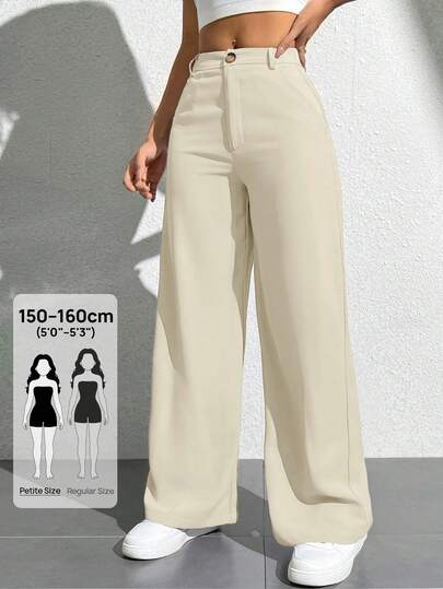 SHEIN PETITE Pantalones casuales anchos de mujer de unicolor con bolsillos parche, versátiles