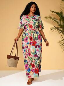 BrightlyHer Plus Size Floral Print Round Neck Short Sleeve Dress, Summer Fashion,Flower/Spring/Vacation - Multicolor - View 6