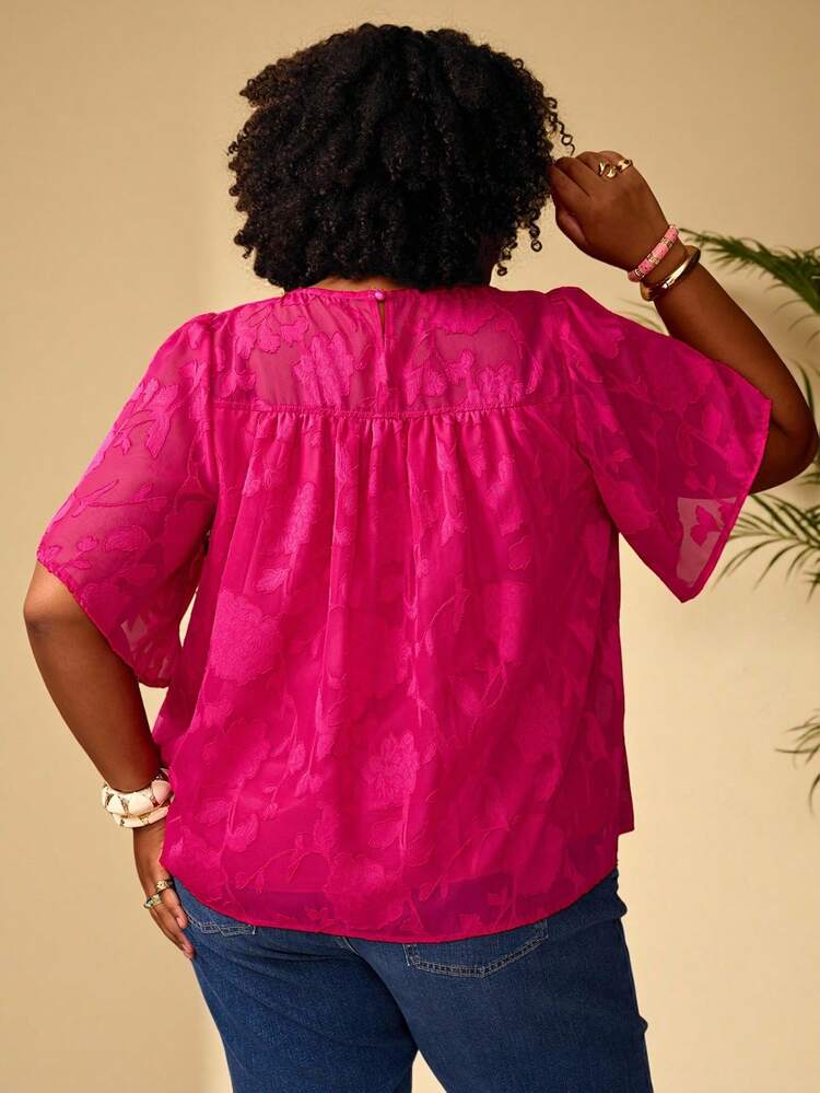 Plus Size Women's Spring/Summer Casual Vacation Cutout Solid Fuchsia Blouse , Early Spring, Spring Break , Vacation Women , Holiday For Women, Spring Women, Going Out, 2026 New , Simple And Fashionable For Everyday Wear