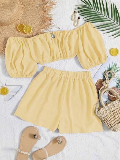 Trelyra Women's Solid Color Off-Shoulder Ruched Short Sleeve Top And Elastic Waist Shorts Casual 2-Piece Set