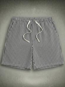 HIMLAND Quần short nam kẻ sọc dệt kiểu dáng thường ngày - màu đen - Xem 1