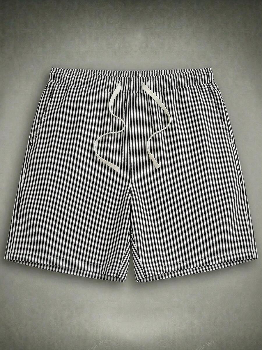 HIMLAND Quần short nam kẻ sọc dệt kiểu dáng thường ngày - màu đen - Xem 1