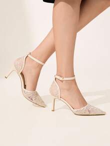 CUCCOO CHICEST Giày cao gót hở mũi phối ren lưới hở gót cho nữ, màu mơ, đa năng cho tiệc tùng, đám cưới - Màu be - Xem 6