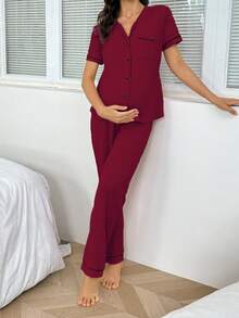 Moonlight&Mama Maternity Casual Short Sleeve Top And Pants Loungewear Set - Burgundy - View 7