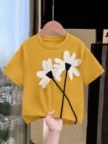 Genkimix Kids Genkimix 女童时尚休闲上衣，创意3D立体花卉装饰，圆领短袖T恤，夏季款 - 芥末黃 - 查看 3